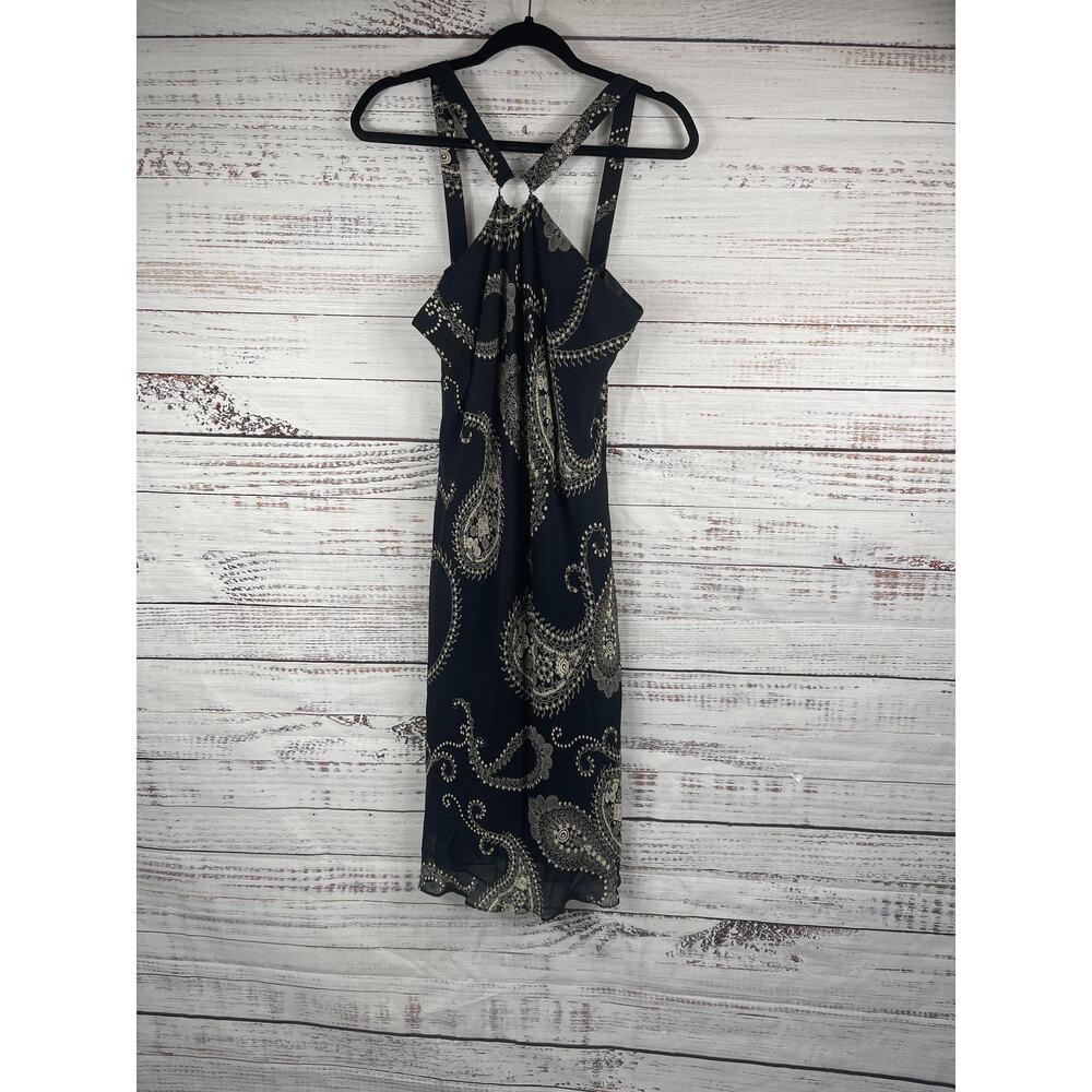Evan Picone Dress Women's SZ 12 Black Beige Paisley Halter Cross Back Midi Boho